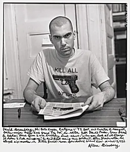 David Greenberg, Phi Beta Kappa Rutgers U. '93, Poet, art curator & essayist, guitar-singer Indie-Rock group "Pen Pal", co-editor Soft Skull Press, Great friend & scholar, fresh from 24th birthday head-shave: when you look at it closer it doesn't look menacing," he said first seeing this portrait. After graduation he stayed six months in little guest-room open-doored behind him. March 13, 1995.