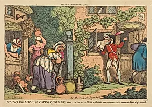Dying for Love, or Captain Careless shot flying by a Girl of Fifteen, who Unexpectedly Popped her Head out of a Casement by Thomas Rowlandson