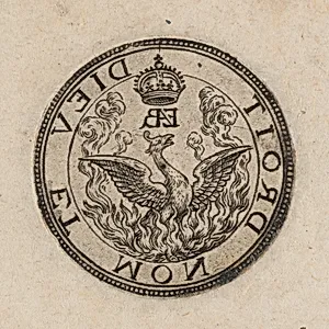 Emblem of the Phoenix and the motto "Dieu et mon droit" [right half]