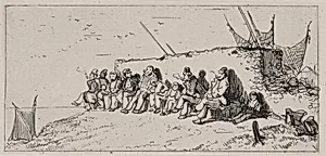 Fishermen Seated along a Wall, Smoking