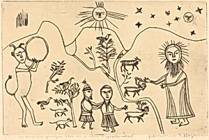 Folk Scene: Devil, Christ, Man, Woman, and Animals in a Landscape