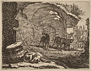 Four Dogs, One Sleeping beside a Capital