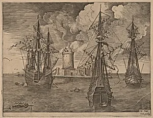 Four-Master (Left) and Two Three-Masters Ancored Near a Fortified Island with a Lighthouse