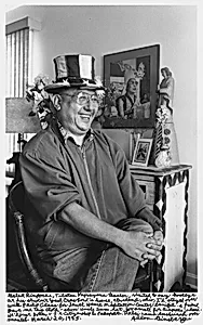 Gelek Rimpoche, Tibetan Vajrayana teacher, visited to say Goodbye at his student Yael Crawford's house, Cleveland, Ohio, I'd stayed over with Philip Glass for Jewel Heart Meditation Center benefit. A Friend gave me this cloth-sewn Uncle Sam hat, too small for Rimpoche's dome. He'd just gotten U.S.A. citizenship & passport. Dalai Lama enshrined over mantel. March 20, 1995.