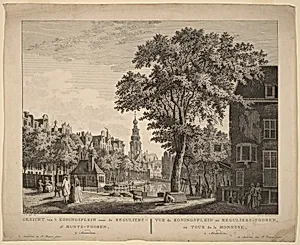 Gezicht van't Koningsplein naar de Reguliers of Munts-Tooren, Te Amsterdam