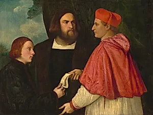 Girolamo and Cardinal Marco Corner Investing Marco, Abbot of Carrara, with His Benefice by Follower of Titian