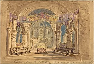 "Harold Scene 3 Cathedral (The relics covered with cloth at centre)"