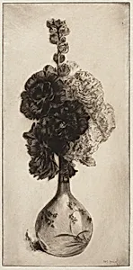 Hollyhocks in a Long-necked Vase