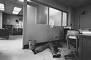 Homicide in a welfare office. On Friday the woman refused to date her former boyfriend. On the weekend he bought a kitchen knife. Monday morning he arrived in the office and again she refused him. He suddenly plunged the knife into her, New York City