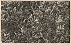 Hunters in a Forest near a Wooden Bridge