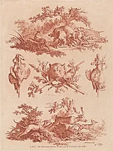 Hunting Trophies and Vignettes with Dogs Chasing a Boar and a Stag