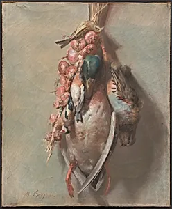Hunting Trophy with Mallard, Partridge, Goldfinches, and Onions