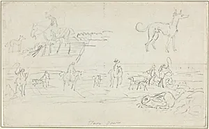 Huntsmen with Hounds and a Crouching Hare [recto]
