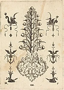 Hyacinth-Shaped Brooch with Winged Animals  at Top and Crouching Swans at Bottom