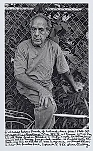 I’d asked Robert Frank if he’d make back-jacket photo for _Cosmopolitan Greetings: Poems 1986-'92_, we crossed Avenue from his old brick house on Bleeker to leafy empty lot stormfenced near CBGB’s Bowery grunge-rock mecca, he snapped lively Portrait, my Leica M6 strapped on Bike carry-rack, we changed places, I saw his familiar face, September 5, 1993.