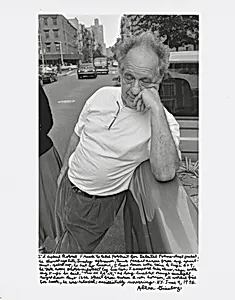 I’d asked Robert Frank to take portrait for Selected Poems dust jacket, he showed up late Sunday afternoon, truck parked across from my apartment, yelled up, he had no camera. I came down with Leica & Fuji 6×9, he took some photos midstreet by his car, I snapped him thus, then with my Fuji he said, “This’ll be it,” as long lambent orange sunlight rayed down East 12th Street from Hudson River horizon, it worked fine for book, he was relaxed, accidentally unerring. N.Y. June 9, 1996.
