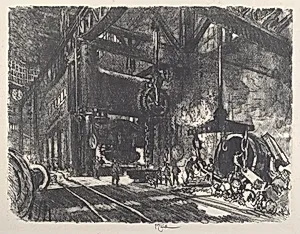 In the Land of Brobdingnag, the Armour Plate Bending Press by Joseph Pennell