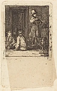 Interior with Three Boys and a Dog