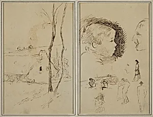 Landscape with a Cottage; Profile of Boy, Profile of Man, Two Women in a Landscape, and Five Other Studies [verso] by Paul Gauguin