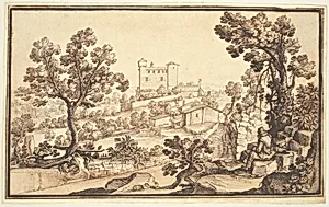 Landscape with a Man Resting, Farm Houses, and a Castle