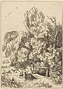 Landscape with Trees, Girl Crossing Footbridge