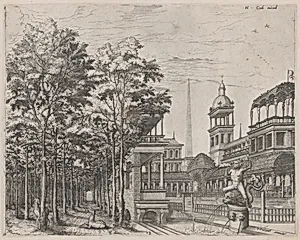 Landscape with Trees, Two Deer, and a Palace Courtyard
