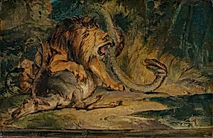 Lion Defending its Prey