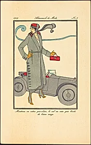 Manteau en ratin gris-clair, le col en cuir gris brodé de laine rouge