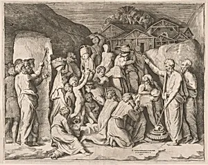 Moses Striking Water from the Rock by Giulio Bonasone, after Polidoro da Caravaggio (formerly after Parmigianino)