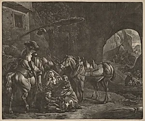 Mother with Two Children  and a Horse in Front of an Inn
