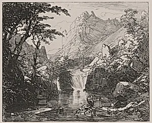 Mountain View with Waterfall and Water Birds