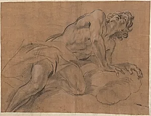 Nude Youth Leaning on a Cloud and Gazing Upward