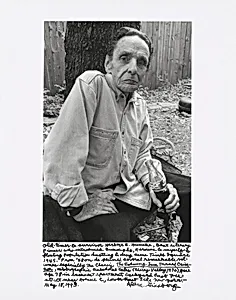 Old-timer & survivor Herbert E. Huncke, Beat literary pioneer who introduced Burroughs, Kerouac & myself to floating population hustling & drug scene Times Square 1945. From ’48 on he penned several remarkable volumes especially the classic _The Evening Sun Turned Crimson_, autobiographic anecdotal tales (Cherry Valley, 1970). Here age 78 in basement apartment backyard East 7th Street near Avenue C, Lower East Side New York. — May 18, 1993.