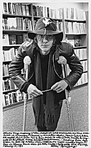 Oliver Ray, aspiring writer, adept at word processors, one time archivist in Francesco Clemente's Manhattan studio, recent Calvin Klein ad model, drove from N.Y. to Ann Arbor to attend Patti Smith & myself at Buddhist money benefit performance- limping from legs broken in fall off Mexican Ocean Cliffside one night months before. -- here in Shaman Drum store for Patti Smith's _Early Work_ book signing, February 17, 1995