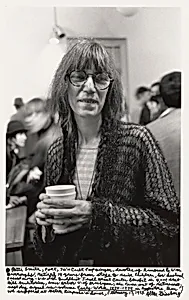 Patti Smith, poet, 70's cult pop singer, devotee of Rimbaud & Wm. Burroughs, retired 14 years from stage to raise children, her husband passed away. We did Buddhist Jewel Heart Center benefit in 4,000 seat Hill Auditorium, Ann Arbor U. of Michigan, she came out of retirement; next day signed new volume _Early Work 1970-1979_ in bookstore, then we suppered at Gelek Rinpoche's house, February 17, 1995.