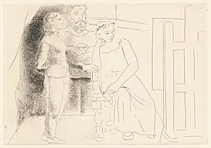 Peintre avec deux modèles regardant une toile (Painter with Two Models Looking at a Canvas)
