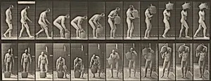 Plate Number 218. Stooping and lifting a full demijohn to shoulder by Eadweard Muybridge
