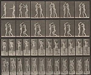 Plate Number 445. Woman drinking from the water jar on the shoulder of another woman by Eadweard Muybridge