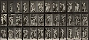 Plate Number 54. Two women walking arm in arm and turning around; one flirting a fan by Eadweard Muybridge