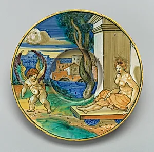 Plate with an allegorical scene of a woman and a putto