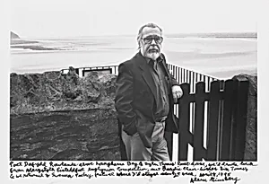 Poet Dafydd Rowlands above Laugharne Bay & Dylan Thomas' boat-house, we'd drive back from Aberystwyth Eisteddfod englynion competition, met Bardic Chair-holders Dic Jones, & we returned to Swansea Poetry festival where I'd stayed nearly a week, April 8, 1995