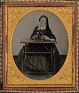 Portrait of a Woman with Sewing Machine by American 19th Century