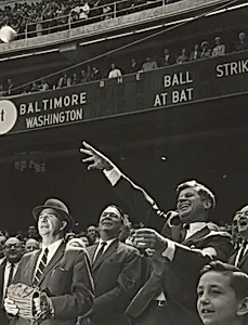 President Kennedy, Surrounded by Political and Baseball Dignitaries, is Shown at the Moment He Threw Out the First Ball at D.C. Stadium Yesterday