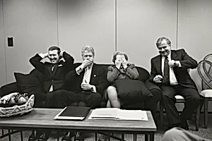 President William J. Clinton Suggests That Secretary of Defense William Cohen, Secretary of State Madeleine Albright, and National Security Advisor Sandy Berger Look like the “Hear No Evil, See No Evil, Speak No Evil” Monkeys Before They Proceed to Act It Out.