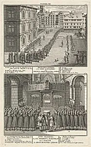 Procession des Bourgeois de la Tribu des Boulangers vers l’Eglise du Grossmunster à Zurich, pour y prêter le Serment; Acte Solemnel de prêter Serment au Magistrat dans l’eglise du Grossmunster à Zurich (Procession and Sermon at the Grossmunster)