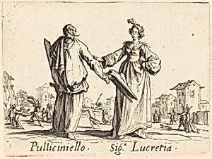 Pulliciniello and Siga. Lucretia by Jacques Callot