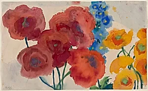 Red and Yellow Poppies with a Blue Delphinium