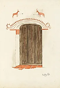 Restoration Drawing: Wall Decoration Over Doorway, Facade of Mission-House