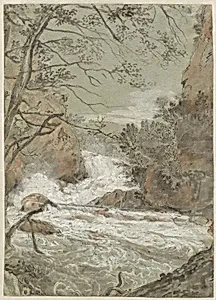 River Landscape with a Waterfall (recto)