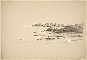 Rocklined Beach with Distant Boats